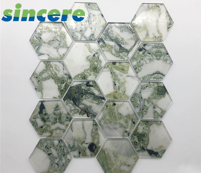 Good Selling Shiny Decoration Backsplash Hexagon Shape Bathroom Tiles Glass Mosaic