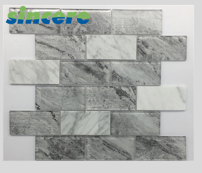 Cheap Price Gray White Kitchen Back Splash Wall Tiles Rectangle Glass Mosaic