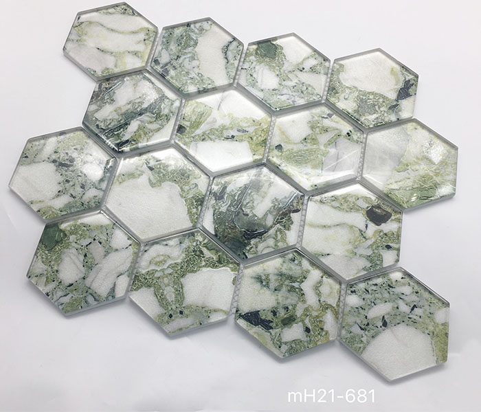 Good Selling Shiny Decoration Backsplash Hexagon Shape Bathroom Tiles Glass Mosaic